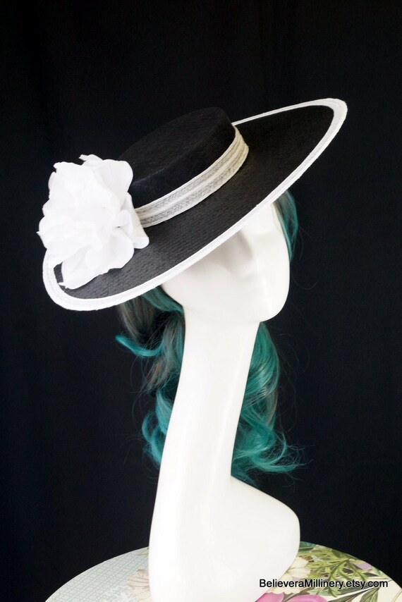 Black White Flower Straw Boater Hat 