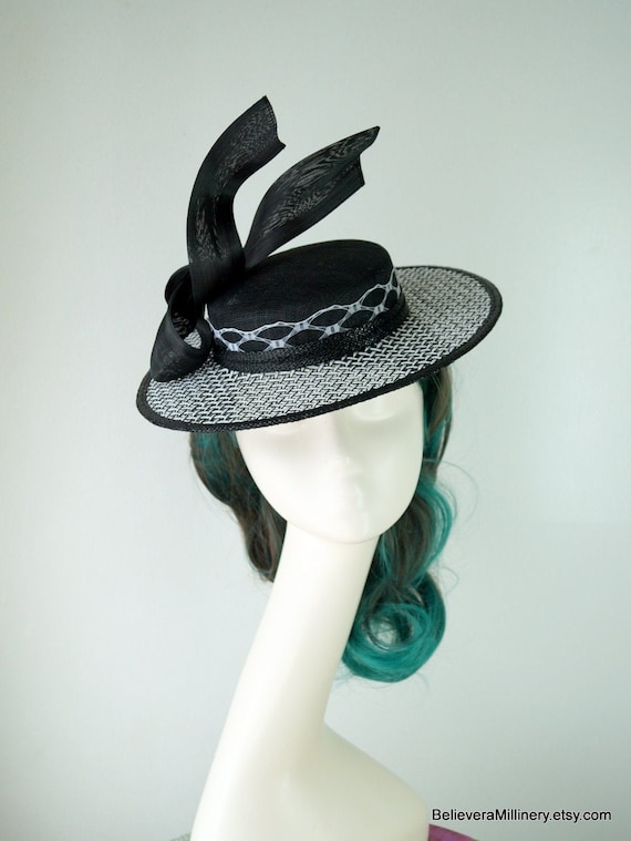 Black White Straw Boater Hat Fascinator 