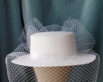 White Veil Boater Hat Wedding Guest Races Tea Party Retro Melbourne Cup Kentucky Derby Day Fashion Millinery