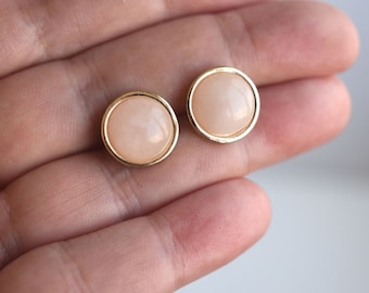 Rose Quartz Tiny Stud Post Gemstone Geometric Minimalist Round Earrings Gold Pink Women Girl Gift Fashion Art Bohemian Boho Crystal Jewelry