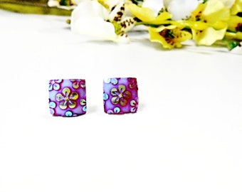 Square Stud Earrings Geometric Purple Violet Flower Plastic Resin Tiny Floral Post Bohemian Jewelry Surgical Steel Pin Boho Floral Studs