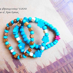 Wooden Bracelet Set 3 Pieces Beaded Fashion Bracelets Wood Brown Turquoise Color Jewelry Set Mala Yoga Boho Vintage Bohemian Eco Friendly