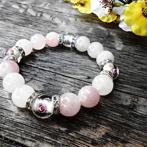 Rose Quartz Gemstone Boho Bracelet Pink White Healing Crystal Stone Yoga Bracelet Murano Glass Flower Lampwork Bead Fashion Bohemian Jewelry image 1