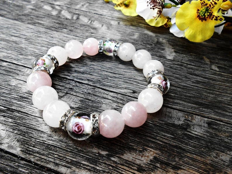 Rose Quartz Gemstone Boho Bracelet Pink White Healing Crystal Stone Yoga Bracelet Murano Glass Flower Lampwork Bead Fashion Bohemian Jewelry image 1