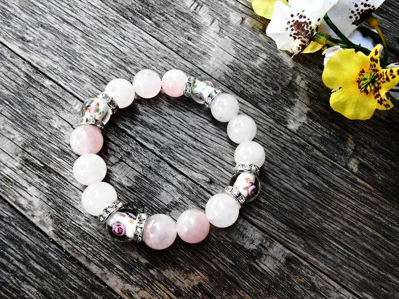 Rose Quartz Gemstone Boho Bracelet Pink White Healing Crystal Stone Yoga Bracelet Murano Glass Flower Lampwork Bead Fashion Bohemian Jewelry image 4