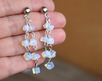 Raw Stone Moonstone Opalite Dangle Beaded Blue Silver Earrings Gemstone Genuine Bohemian Boho Cut Rough Art Jewelry Healing Crystal Earrings