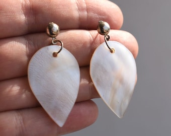 Nacre Dangle Mother of Pearl Leaf Shaped Earrings White Shell Gemstone Genuine Bohemian Boho Art Jewelry Healing Raw Stone Women Girl Gift