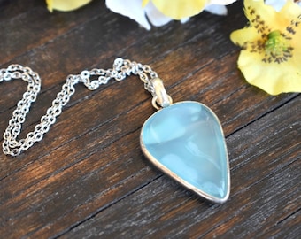 Blue Agate Pendant Necklace Natural Gemstone Charm Silver Filled Filigree Women Girl Gift Engraved Stone Crystal Boho Jewelry Genuine