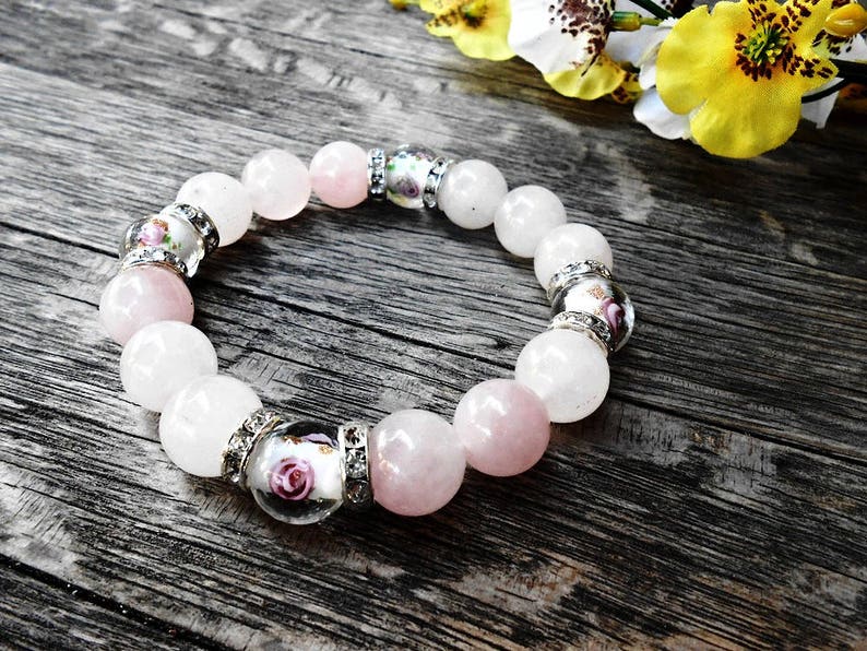 Rose Quartz Gemstone Boho Bracelet Pink White Healing Crystal Stone Yoga Bracelet Murano Glass Flower Lampwork Bead Fashion Bohemian Jewelry image 8