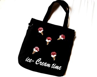 Fabric Black Tote Canvas Cloth Bag Printed Stamped Ice Cream Funny Crossbody Messenger Shoulder Handbag Cotton Market Work Beach Sports Bag