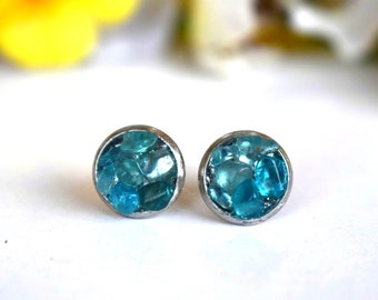 Raw Stone Blue Apatite Tiny Stud Post Gemstone Geometric Minimalist Earrings Silver Round Women Girl Gift Bohemian Boho Crystal Jewelry