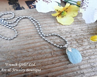 Aquamarine Pendant Necklace Raw Gemstone Crystal March Birthstone Gift Silver Stainless Steel Chain Blue Gem March Birthstone Healing Chakra