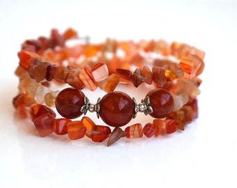 Raw Red Carnelian Gemstone Memory Wire Wrap Beaded Bracelet  Healing Stone Crystal Chakra Meditation Yoga Zen Bohemian Boho Jewelry Bracelet