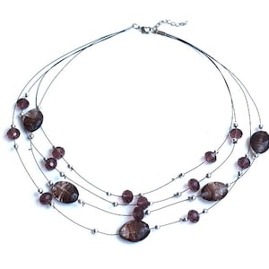 Purple Glass Beads Multistrand Necklace Floating Crochet Invisible Necklace Statement Air Healing Crystal Stone