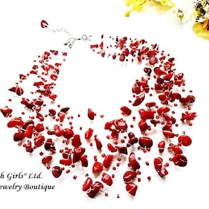 Red Coral Raw Gemstone Floating Necklace Multistrand Glass Seed Beads Air Crochet Choker Rose Red Statement Genuine Boho Bohemian Jewelry