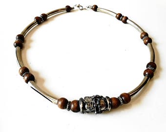 Mens Necklace Skull Charm Wooden Metal Geometyric Gothic Primitive Beaded Mens Jewelry Natural Wood Bead Dad Men Gift Trendy Accessory