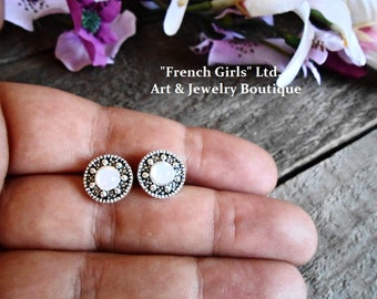 Filigree Oval Tiny Stud White Opal Post Gemstone Geometric Minimalist Earrings Silver Round Women Girl Gift Bohemian Boho Crystal Jewelry