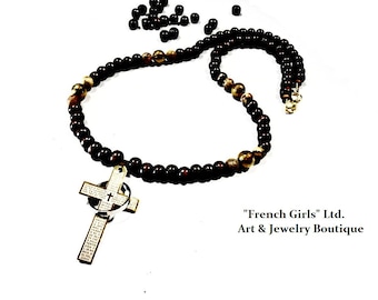 Wooden Mens Cross Crucifix Necklace Beaded Gemstone Gold Hematite Jasper Steel Pendant Meditation Mala Zen Yoga Brown Healing Stone Crystal