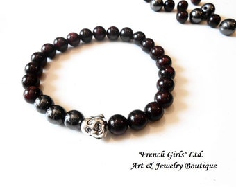 Mens Gemstone Bracelet Hematite Red Garnet buddha Black Brown Mala Mental Health Healing Stone Crystal Meditation Chakra Horoscope Jewelry