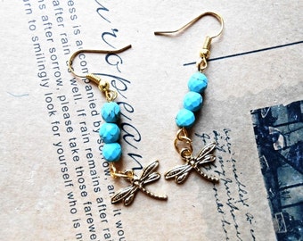 Turquoise Dangle Drop Earrings Gemstone Beaded Boho Healing Crystal Blue Stone Dragonfly Pendant Charm Bohemian Earrings Boho Jewelry