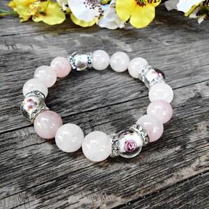 Rose Quartz Gemstone Boho Bracelet Pink White Healing Crystal Stone Yoga Bracelet Murano Glass Flower Lampwork Bead Fashion Bohemian Jewelry image 3