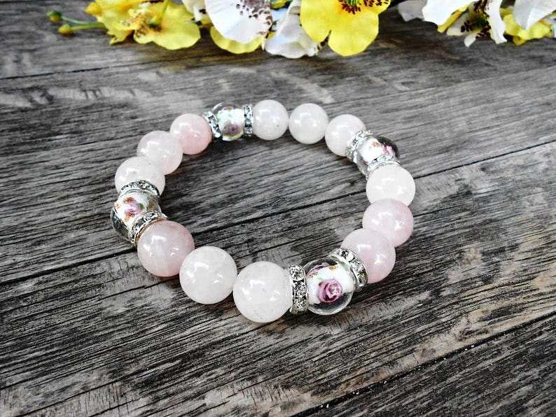 Rose Quartz Gemstone Boho Bracelet Pink White Healing Crystal Stone Yoga Bracelet Murano Glass Flower Lampwork Bead Fashion Bohemian Jewelry image 3