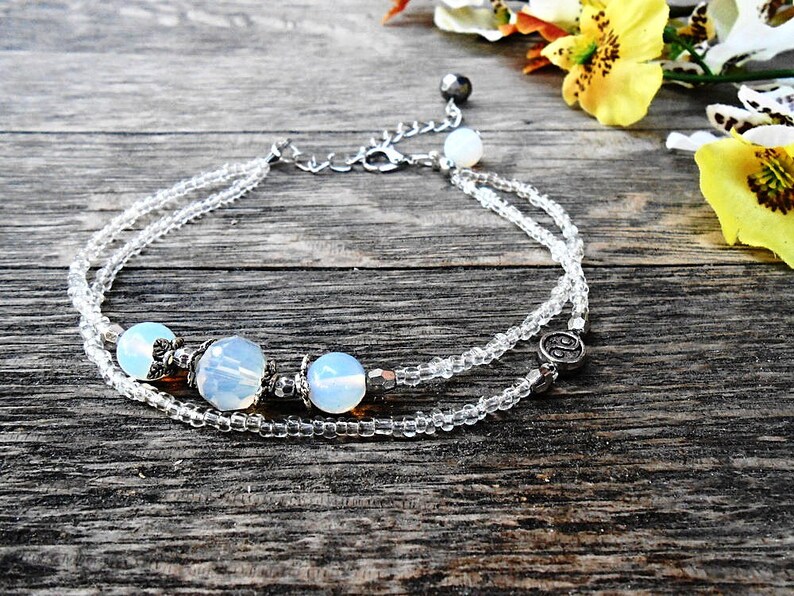 Moonstone Opalite Anklet Foot Bracelet Boho Beach Summer Yin Yang Feng Shui Healing Gemstone Crystal Stone Women Gift Bohemian Sandal Gipsy image 3