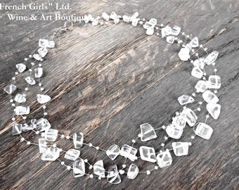 Clear Quartz Raw Gemstone Floating Multistrand Statement Necklace,  Rock Crystal Invisible Crochet necklace, Healing Stone Necklace