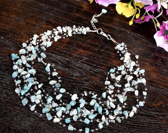 Aquamarine Raw Gemstone Multistrand Blue Necklace Floating Crochet Invisible Statement March Birthstone Air Jewelry Women Wedding Bridal