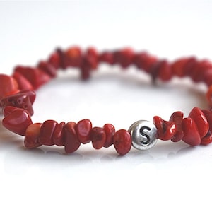 Raw Red Coral Custom Bracelet Personalized Alphabet Letter Bracelet Boho Beach Summer Cut Rough Gem Gemstone Gift Women Girl Boho