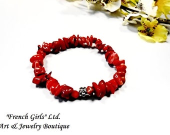Raw Red Coral Bracelet Gemstone Meditation Chakra Healing Crystal Flower Charm Bracelet Cut Rough Irregular Stone Zen Jewelry