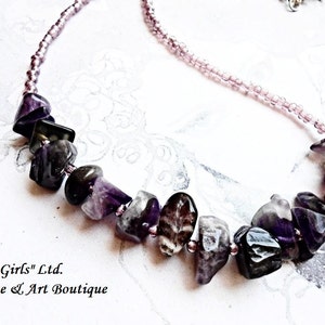 Raw Amethyst Necklace Gemstone Glass Seeds Beaded Women Purple Cut Rough Irregular Violet Healing Stone Boho Bohemian Statement Bib Jewelry image 4