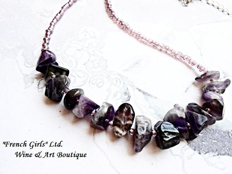 Raw Amethyst Necklace Gemstone Glass Seeds Beaded Women Purple Cut Rough Irregular Violet Healing Stone Boho Bohemian Statement Bib Jewelry image 4