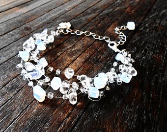 Raw Moonstone Opalite Bracelet Multistrand Boho Glass Seed Beads Gemstone Floating Crochet Invisible Illusion Air Healing Crystal Stone