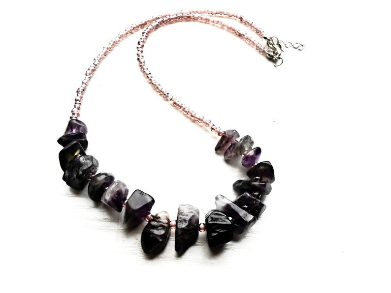 Raw Amethyst Necklace Gemstone Glass Seeds Beaded Women Purple Cut Rough Irregular Violet Healing Stone Boho Bohemian Statement Bib Jewelry image 3