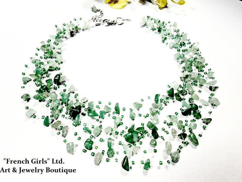 Green Jade Nephrite Air Necklace Floating Invisible Raw Gemstone Beads Multistrand Crochet Statement Healing Crystal Cut Rough Boho 画像 4