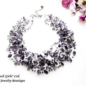 Raw Amethyst Floating Violet Gemstone Multistrand Invisible Necklace Glass Seed Beads Air Purple Crochet Bohemian Boho Crystal Art Statement image 2