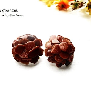 Raw Sandstone Clip on Earrings Gemstone Flower Shaped Brown Gold Aventurine Bohemian Boho Floral Gems Clipon Healing Crystal Stone Earrings image 1