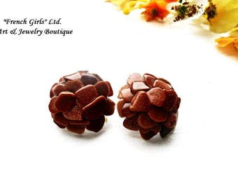 Raw Sandstone Clip on Earrings Gemstone Flower Shaped Brown Gold Aventurine Bohemian Boho Floral Gems Clipon Healing Crystal Stone Earrings