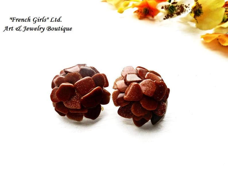 Raw Sandstone Clip on Earrings Gemstone Flower Shaped Brown Gold Aventurine Bohemian Boho Floral Gems Clipon Healing Crystal Stone Earrings image 1