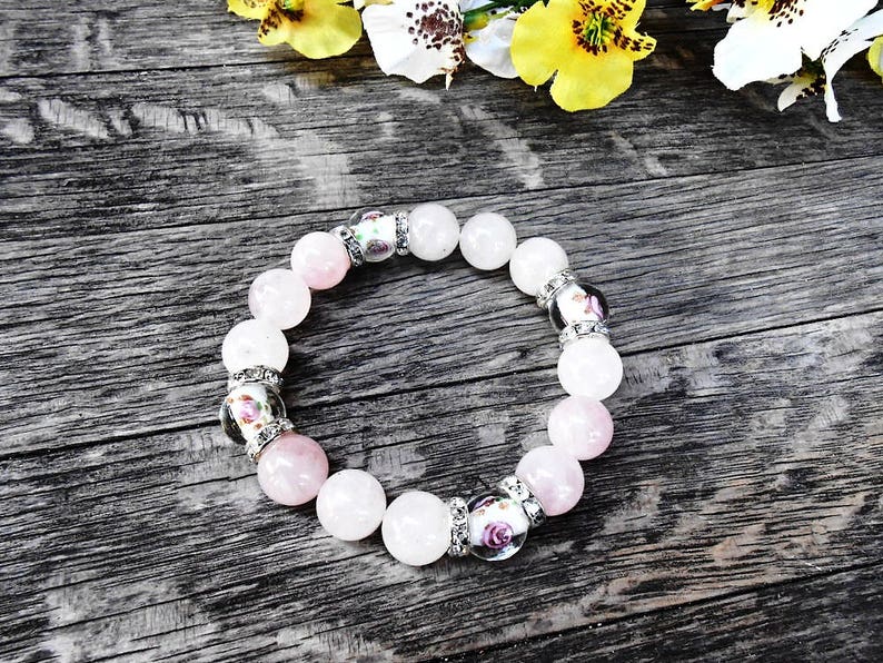 Rose Quartz Gemstone Boho Bracelet Pink White Healing Crystal Stone Yoga Bracelet Murano Glass Flower Lampwork Bead Fashion Bohemian Jewelry image 5