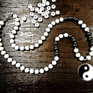 Mens Necklace Wooden Hematite Gemstone Black White Mala Yin yang Steel Pendant Meditation Yoga Ying Yang Wood Daddy Dad Gift Fathers day