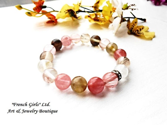 Tourmaline Quartz Bracelet Cherry Quartz Crystal Gemstone Beaded Gems Pink Green Universal Healing Stone Yoga Meditation Chakra Zen Jewelry