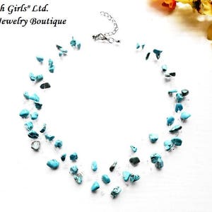 Raw Turquoise Gemstone Air Necklace Statement Crochet Multistrand Blue Healing Stone Crystal Glass Seed Beads Floating Invisible Cut Rough image 5