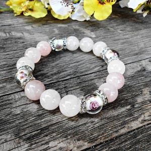 Rose Quartz Gemstone Boho Bracelet Pink White Healing Crystal Stone Yoga Bracelet Murano Glass Flower Lampwork Bead Fashion Bohemian Jewelry image 7