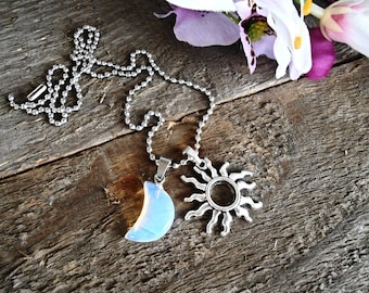 Moonstone Opalite Sun Moon Gemstone Necklace Charm Pendant Crystal Custom Silver Gold Bronze Color Women Girl Gift Mother Art  Boho Jewelry