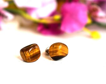 Raw Tigers Eyes Tiny Stud Brown Gemstone Earrings Surgical Steel Healing Raw Stone Irregular Cut Rough Boho Bohemian Raw Stone Jewelry