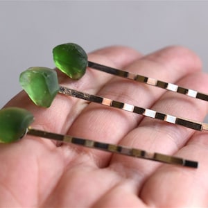 Raw Sea Glass Crystal Green Hair Bobby Pins Set 3 pcs Hairpiece Bridal Wedding Bride Accessories Matte Frosted Art Boho Bun Holder Maker