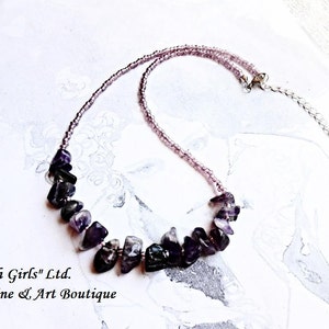 Raw Amethyst Necklace Gemstone Glass Seeds Beaded Women Purple Cut Rough Irregular Violet Healing Stone Boho Bohemian Statement Bib Jewelry image 5