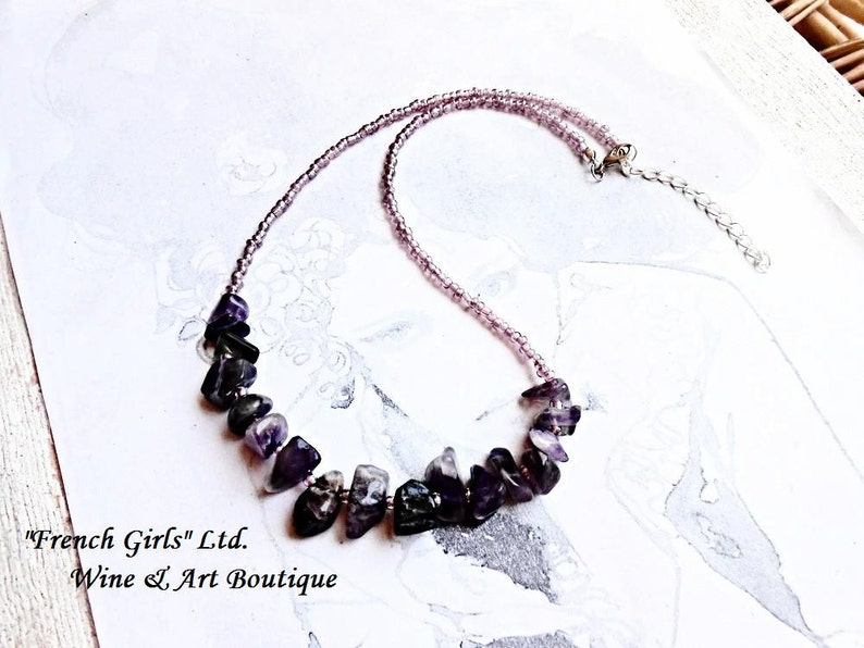 Raw Amethyst Necklace Gemstone Glass Seeds Beaded Women Purple Cut Rough Irregular Violet Healing Stone Boho Bohemian Statement Bib Jewelry image 5